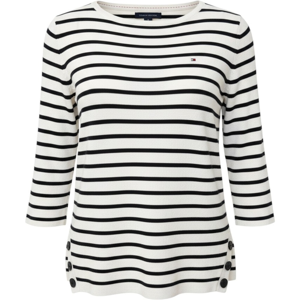 Tommy Hilfiger Womens Striped Boat Neck Knit Top White Navy Blue XS Side Buttons